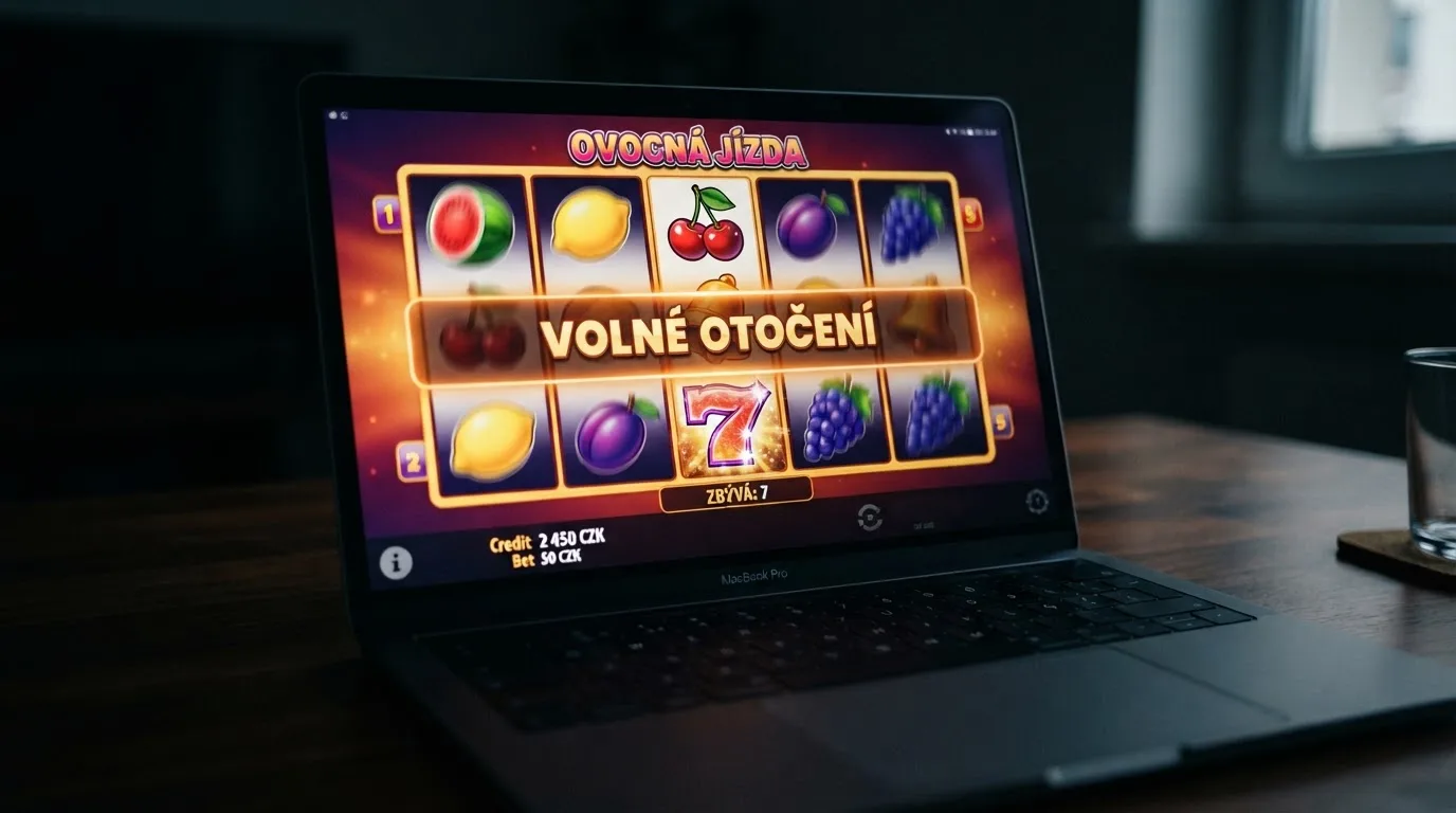 Detail roztočených válců online automatu s ovocnými symboly — na displeji svítí nápis „volné otočení“ a pod ním zbývající počet spinů