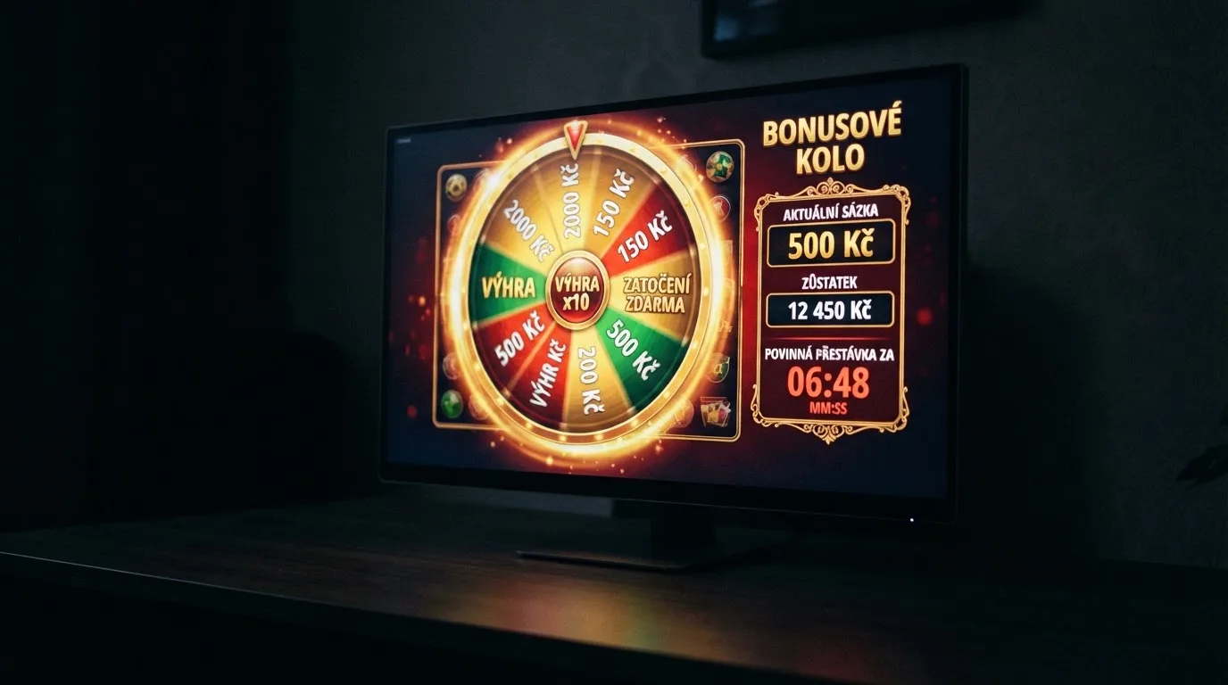 Rozhraní automatu s bonusovou hrou — na displeji se otevírá kolo štěstí, vedle ukazatel aktuální sázky 500 Kč a zbývajícího času do povinné přestávky