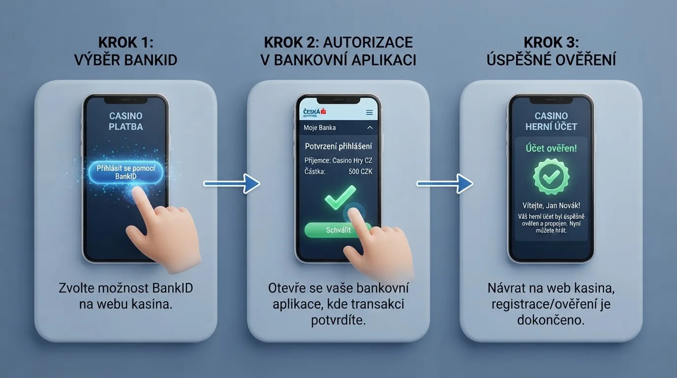 Schéma tří kroků ověření přes BankID — kliknutí na tlačítko BankID, přesměrování do bankovní aplikace, návrat do casina s potvrzenou identitou