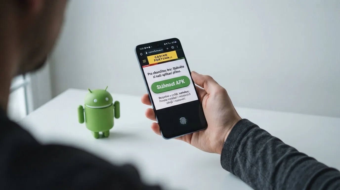 Displej telefonu s otevřenou stránkou operátora a tlačítkem „Stáhnout APK“, vedle ikona Androidu a otisk prstu