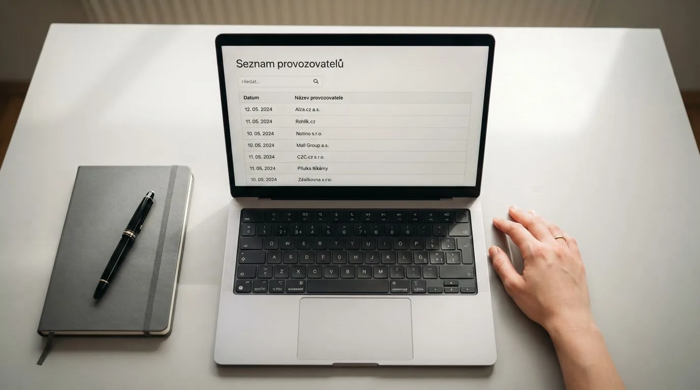 Úřední dokument s razítkem Ministerstva financí ČR a logo české licence na obrazovce monitoru vedle paragrafu zákona o hazardních hrách