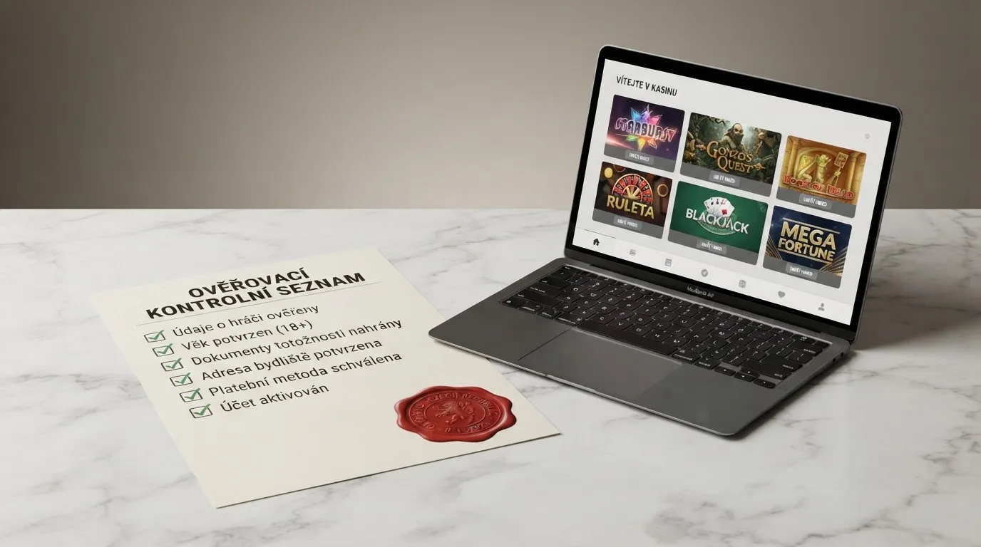 Úřední dokument s razítkem vedle obrazovky zobrazující online kasino