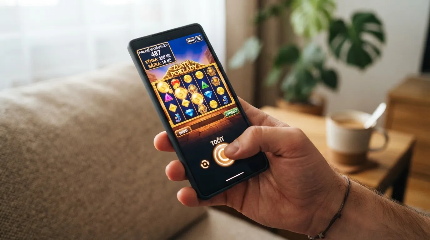 Ruka mačkající tlačítko „spin“ na mobilu, displej ukazuje automat s logem Respin Joker a počítadlem zbývajících 487 free spinů