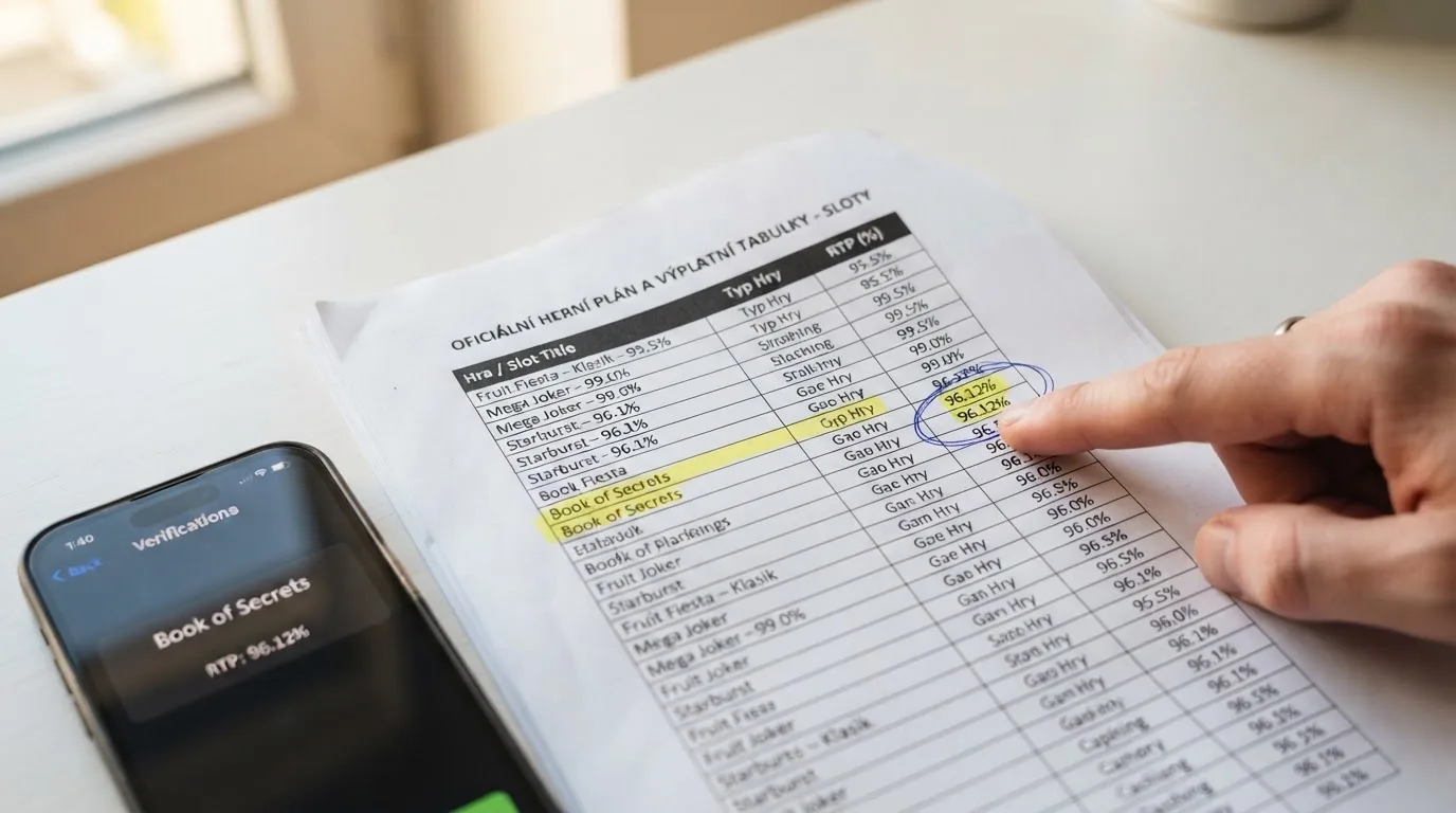 Výřez z herního plánu českého online casina s vyznačenou tabulkou RTP u konkrétního automatu a ukazatelem myši vedoucím k dokumentu