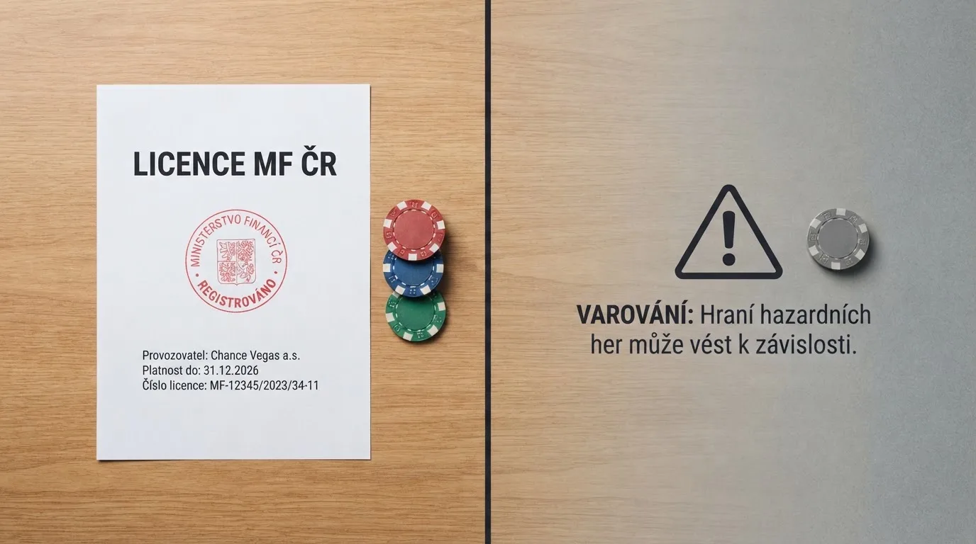 Kontrastní kompozice — vlevo úřední dokument s razítkem MF ČR a logy licencovaných casin, vpravo šedá zóna s nápisem Curaçao a varovným symbolem