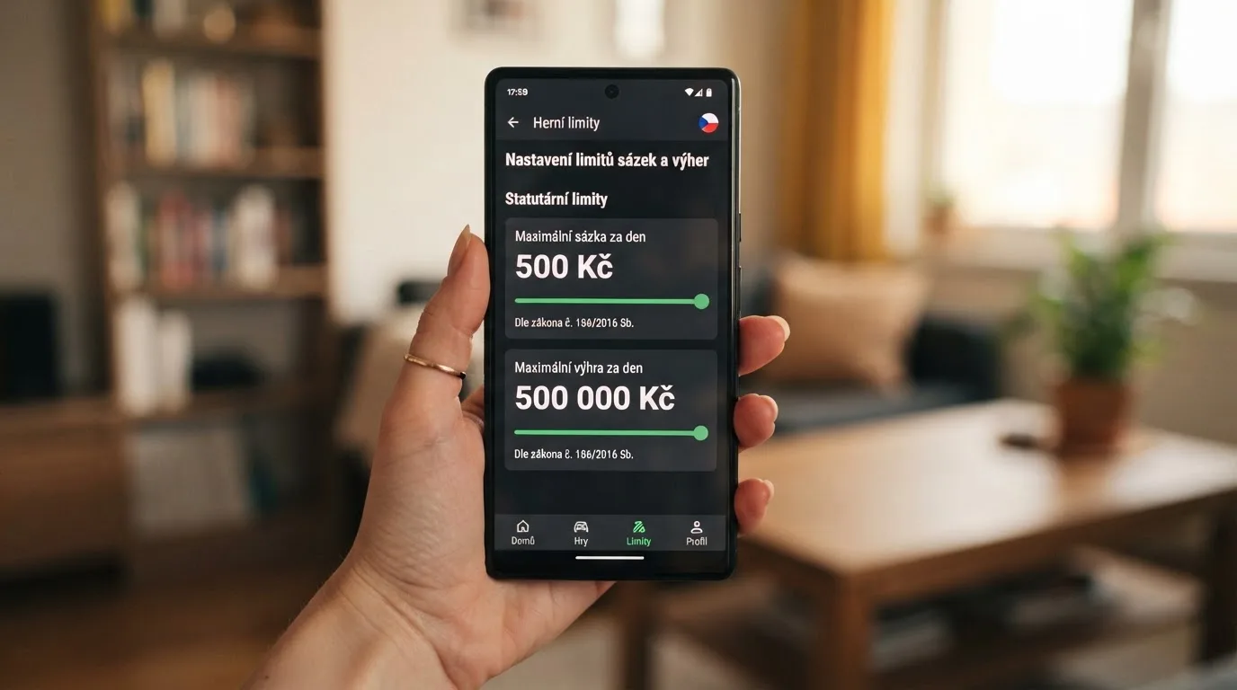 Úřední dokument s razítkem Ministerstva financí ČR a vizualizace herních limitů — maximální sázka 500 Kč a maximální výhra 500 000 Kč