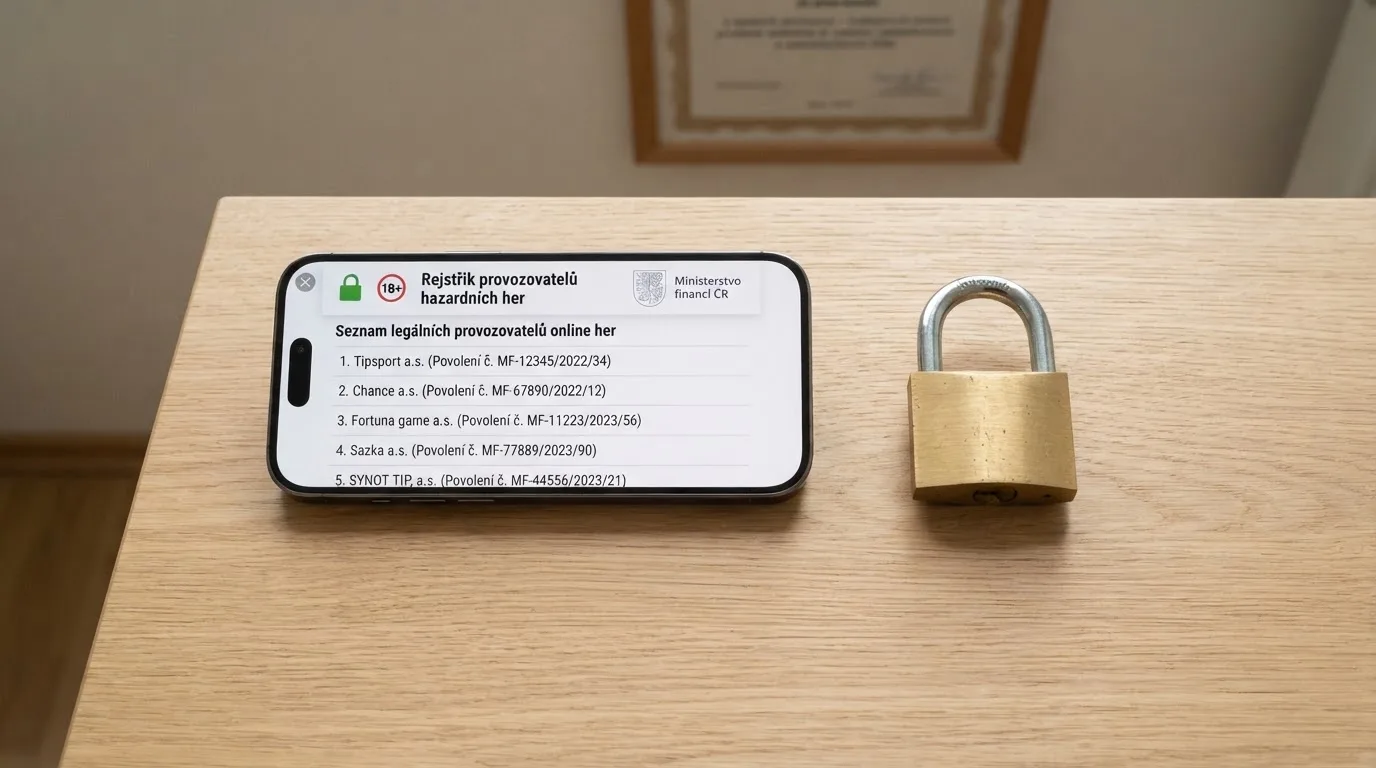 Výřez z veřejného registru MF ČR na obrazovce telefonu, vedle ikona zámku a symbol 18+