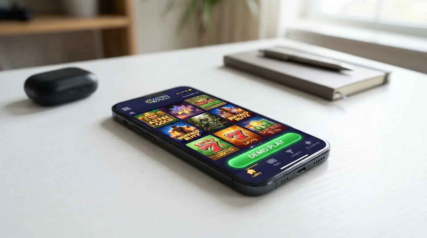 Mobilní telefon s otevřenou casino aplikací zobrazující automaty v demo režimu