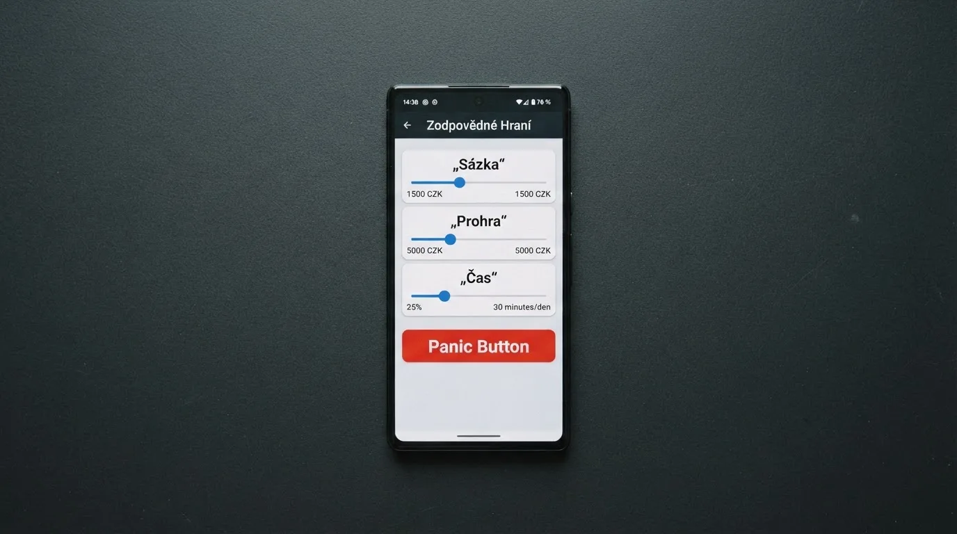 Rozhraní nastavení limitů v hráčském účtu — posuvníky pro denní limit sázky, limit prohry a časový limit s ikonou Panic Button