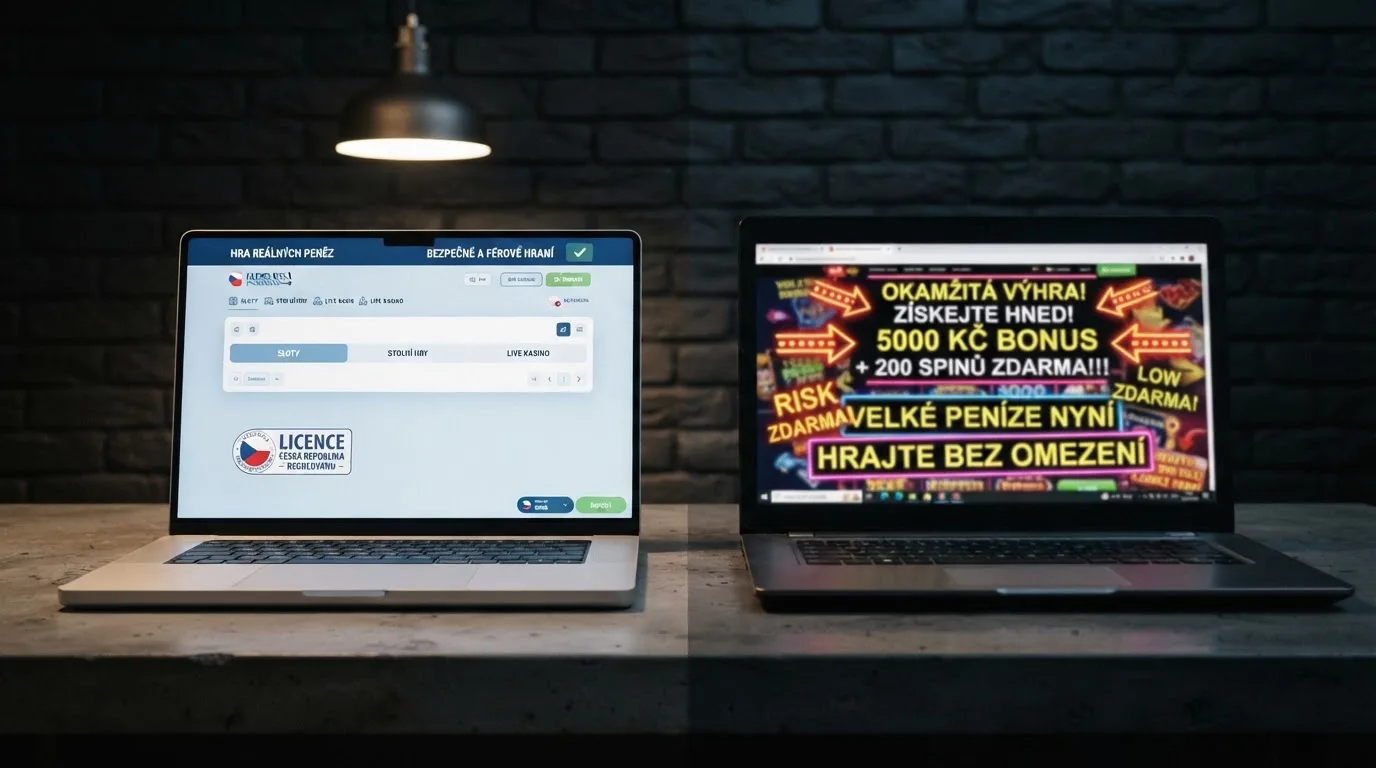 Výstražná grafika kontrastující licencované české casino s pochybným zahraničním webem slibujícím bonus bez ověření