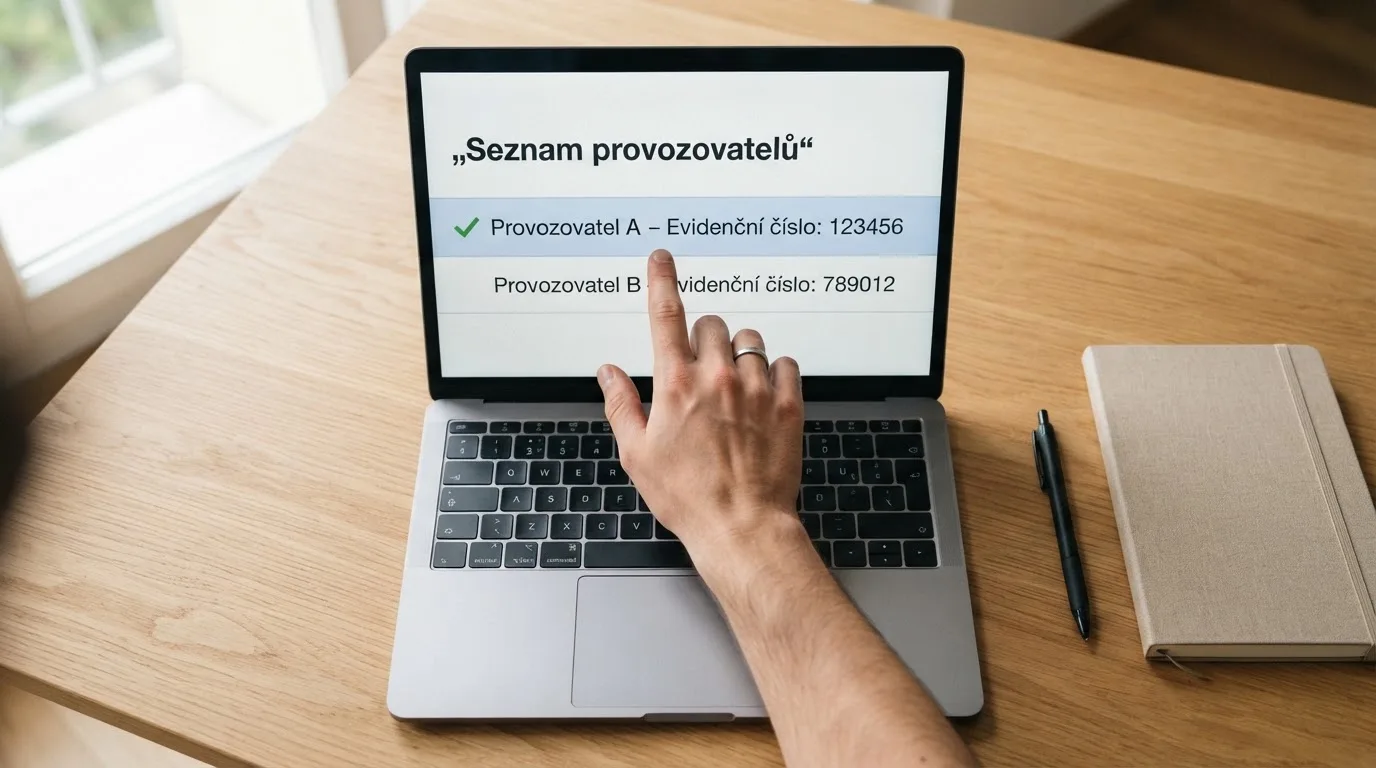 Detail obrazovky s otevřeným registrem Ministerstva financí — oficiálním seznamem provozovatelů hazardních her