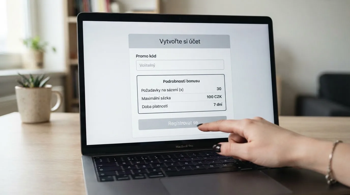 Detail registračního formuláře online casina s polem pro promo kód a přehledem podmínek bonusu — wagering, max sázka, platnost