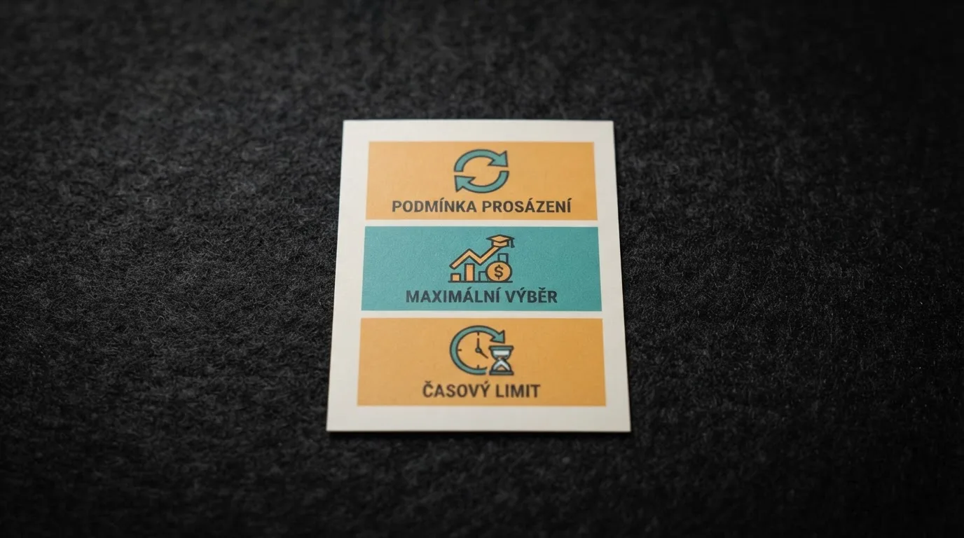 Grafické znázornění tří klíčových podmínek bonusu — protočení, maximální výběr a časový limit — na přehledové kartě