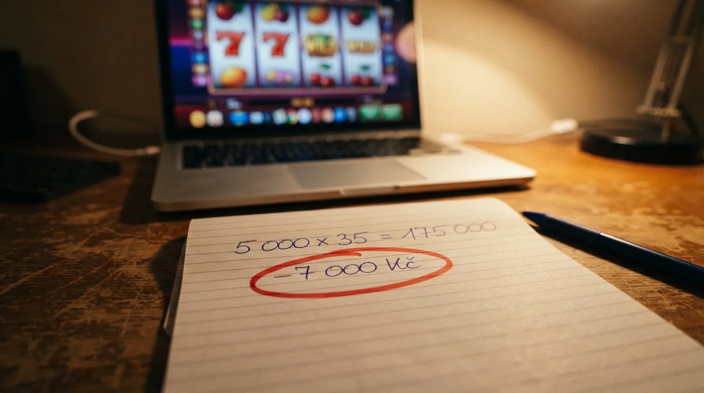 Kalkulačka a vedle ní blok s ručně psanými čísly — 5 000 × 35 = 175 000, pod tím červeně „−7 000 Kč“, v pozadí roztočené válce automatu