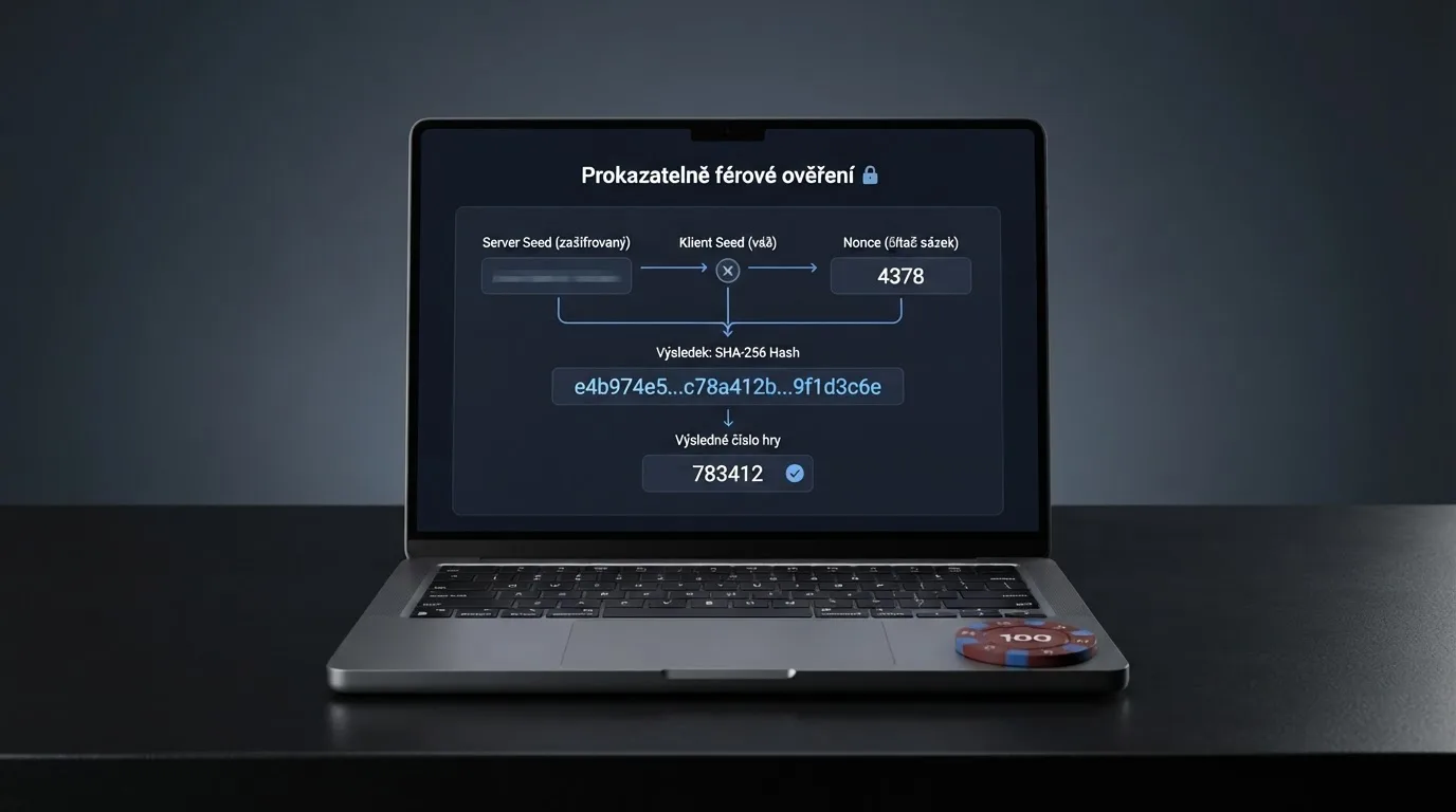 Schéma ověření provably fair — hash server seedu, client seed a nonce na obrazovce kasina