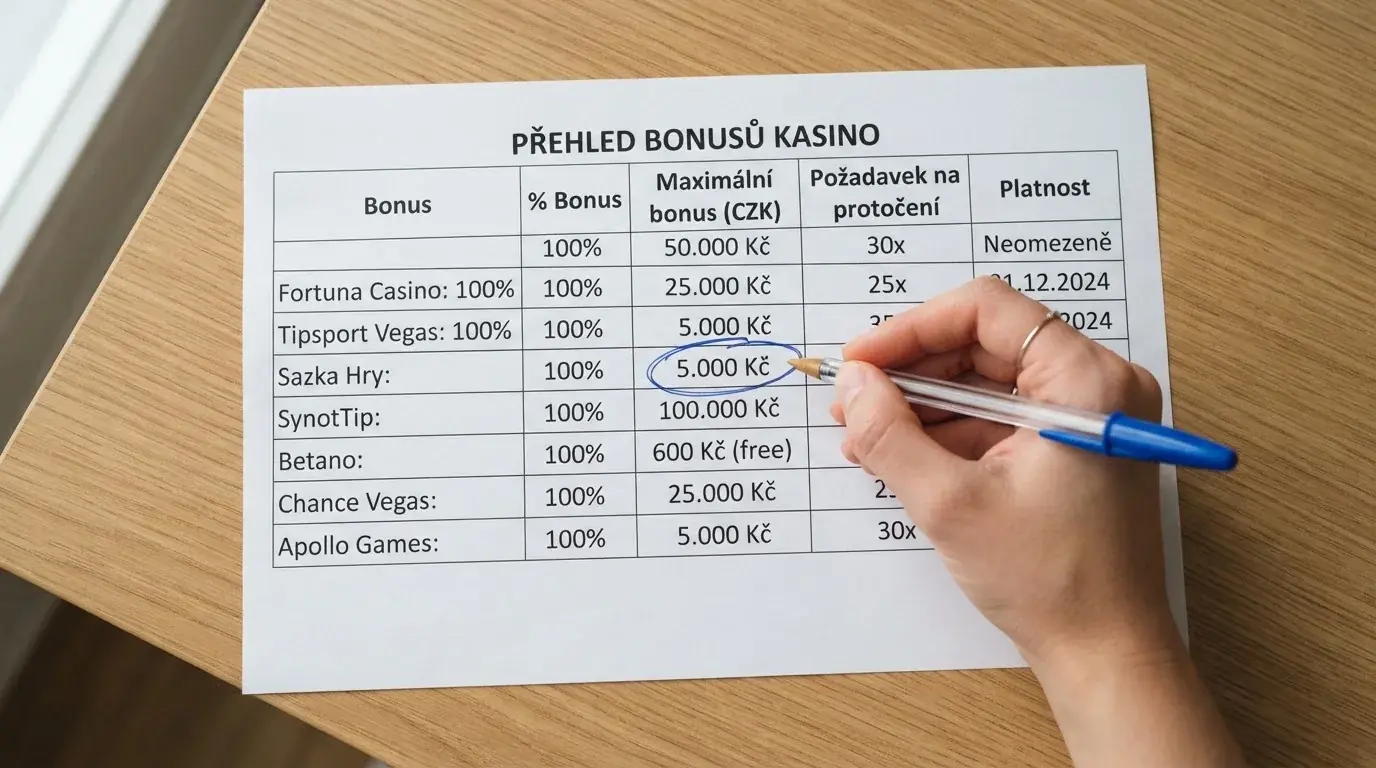 Detail srovnávací tabulky — sloupce s názvy operátorů a hodnotami bonusů vyplněné v českých korunách, v popředí ruka s propiskou kroužkující jednu řádku
