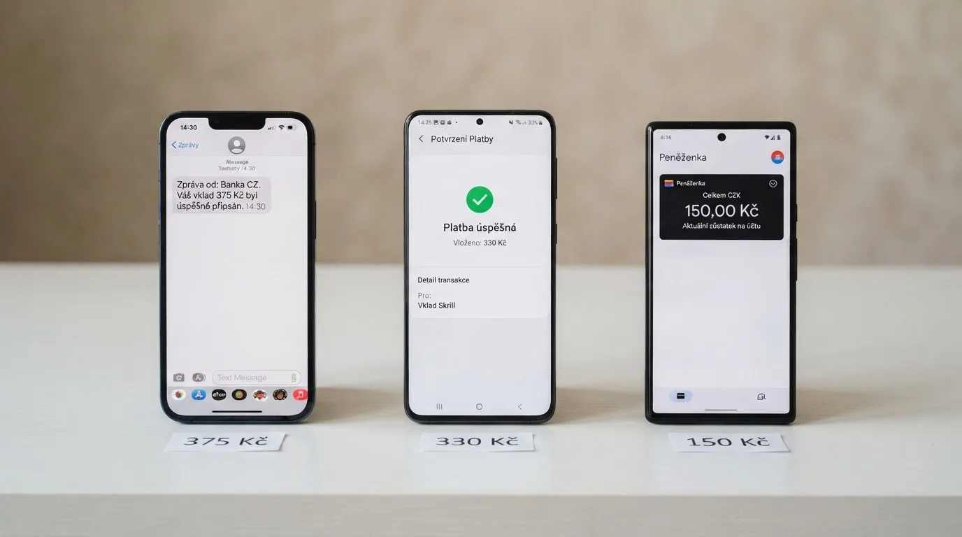 Tři mobilní telefony vedle sebe, každý zobrazuje jinou platební cestu — SMS zprávu, M-platbu a logo NeteraPay — s rostoucí částkou pod každým z nich.