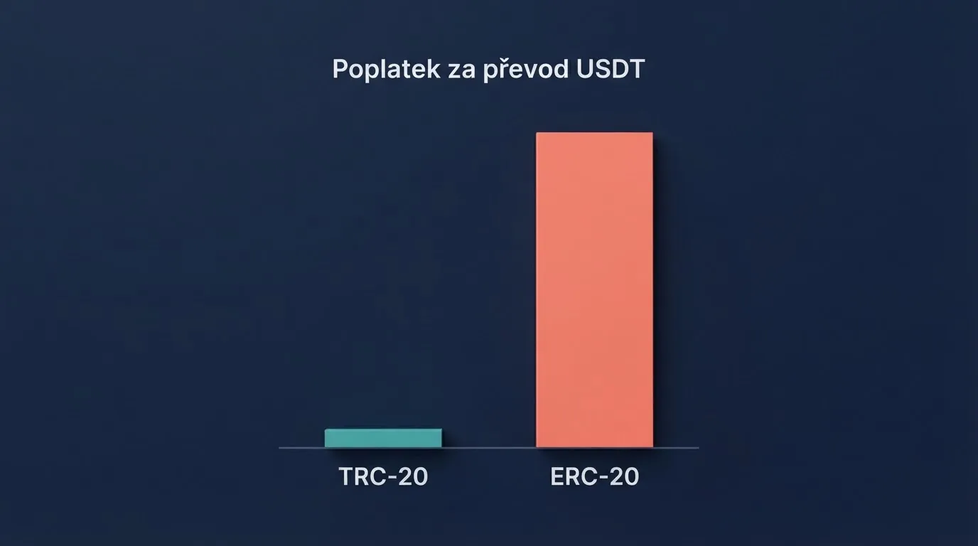 Grafické srovnání poplatků sítí TRC-20 a ERC-20 pro převod USDT