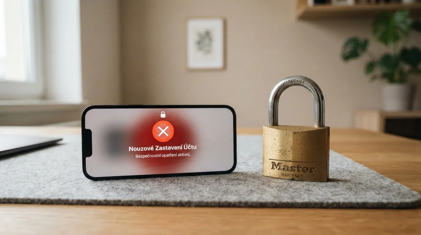 Displej telefonu s aktivovaným tlačítkem Panic Button a vedle něj visací zámek symbolizující propojení s Rejstříkem vyloučených osob.