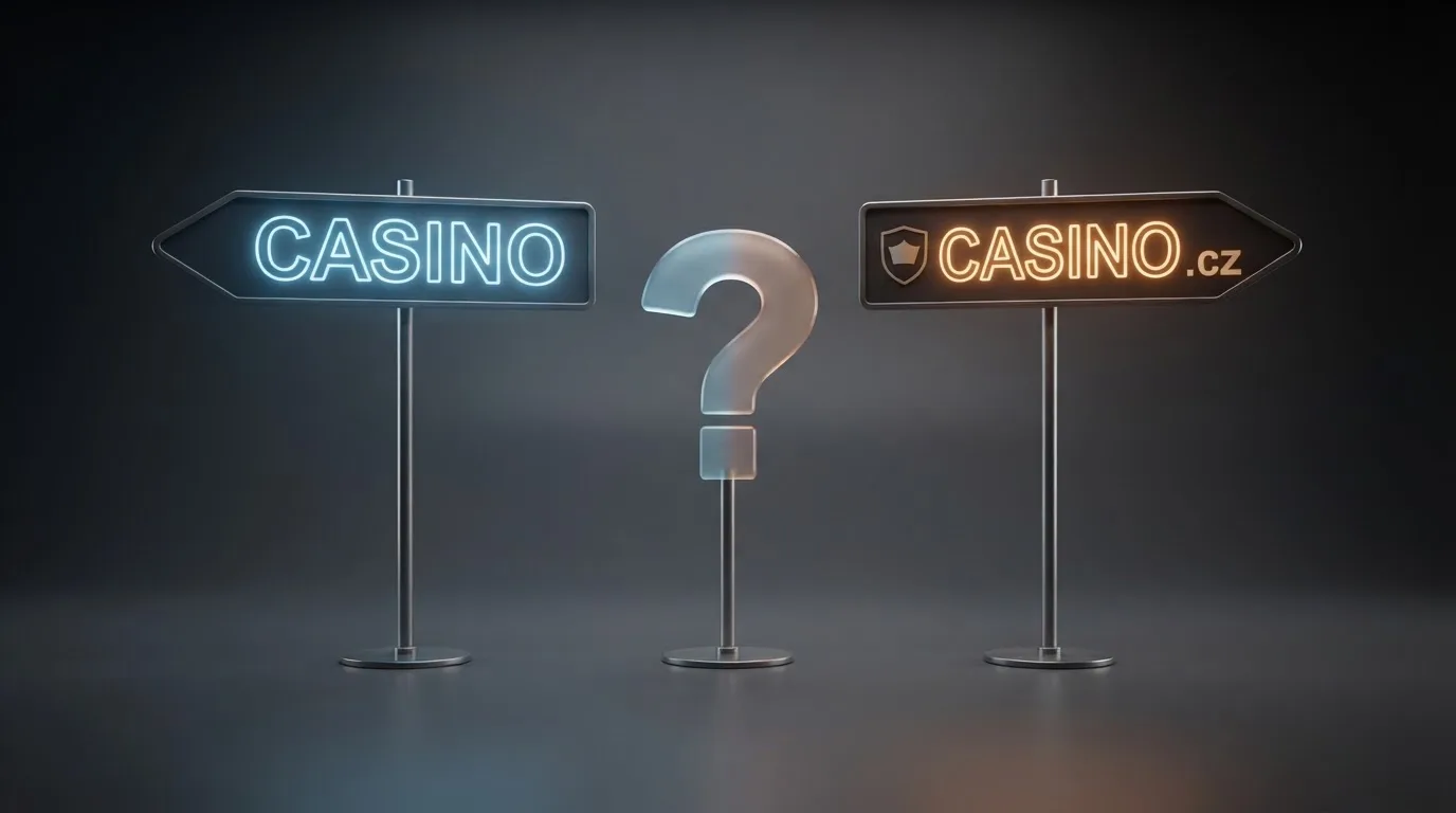Rozcestník: vlevo neonový nápis „CASINO“ bez loga, vpravo stejný nápis s logem MF ČR a štítkem .cz — mezi nimi otazník