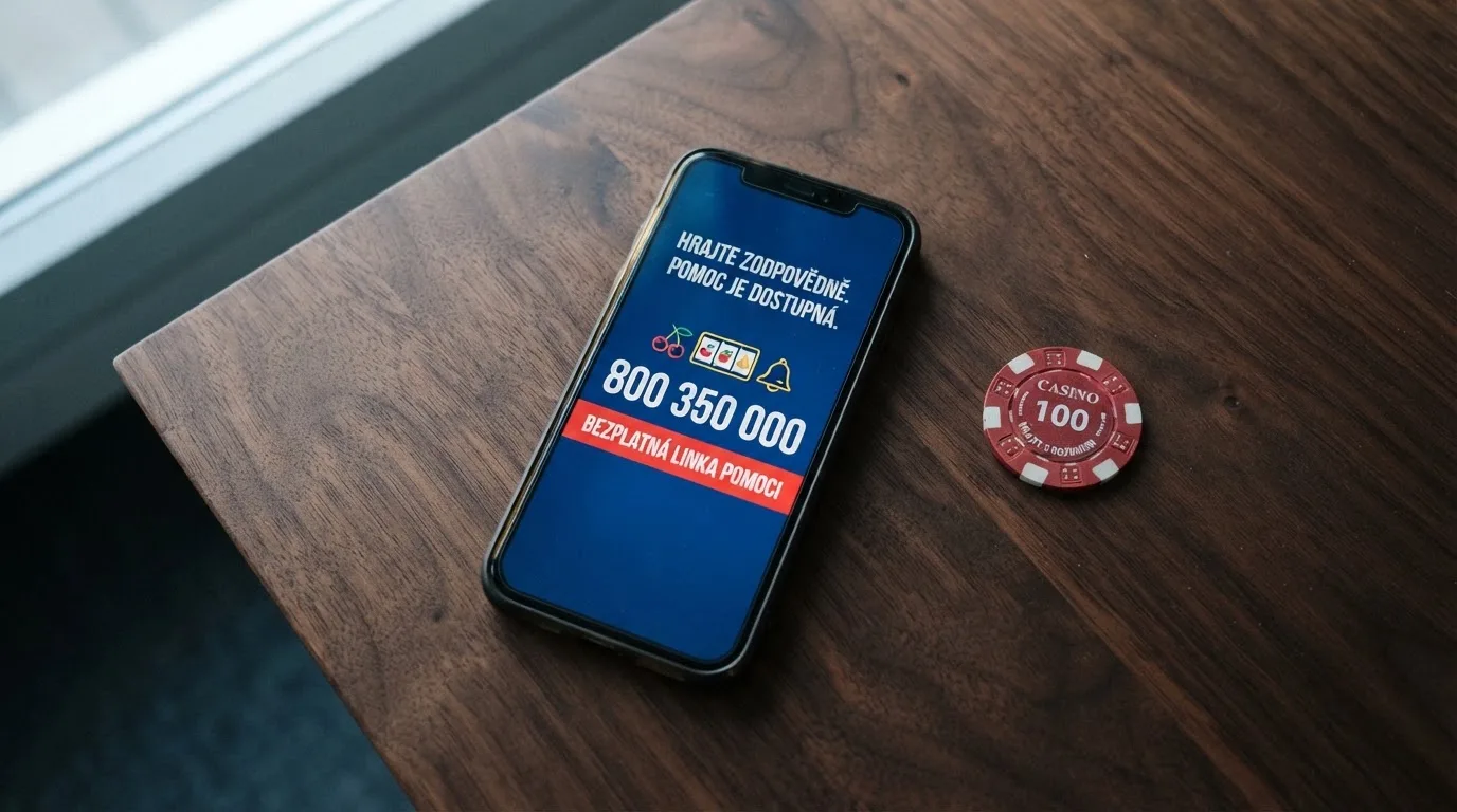 Telefonní sluchátko vedle displeje s číslem linky pomoci 800 350 000, na obrazovce ikony herních automatů s varovným pruhem.